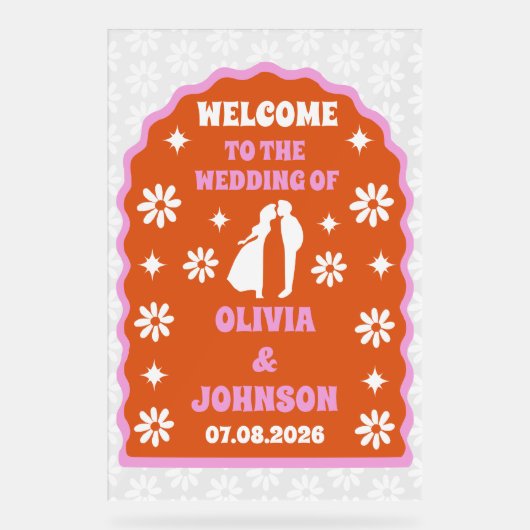 ウェルカムはっきりしたピンクオレンジレトロボホデイジー結婚ズ アクリルサイン (正面)