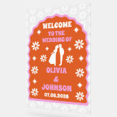 ウェルカムはっきりしたピンクオレンジレトロボホデイジー結婚ズ アクリルサイン (傾斜)