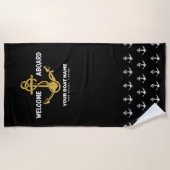 ウェルカムアウ航海のォーボードブラック&金ゴールドボート名 ビーチタオル (正面)