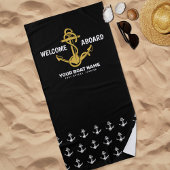 ウェルカムアウ航海のォーボードブラック&金ゴールドボート名 ビーチタオル