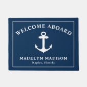 ウェルカムアウ航海のォーンネイビーブルーボート名いかり ドアマット (正面)