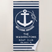 ウェルカムアウ航海のトいかりロープボート名 ビーチタオル (正面)