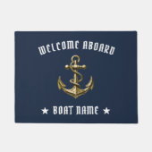 ウェルカムアウ航海のンド金ゴールドいかりネイビーブルーボート ドアマット (正面)