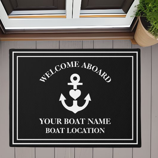 ウェルカムアボードハートいかりボート名ブラック ドアマット