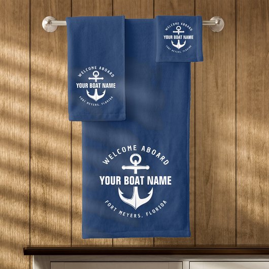 ウェルカムアボードボートネイビーブルー航海のいかり バスタオルセット