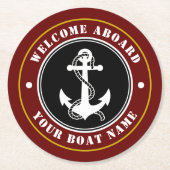 ウェルカムアボードボートネームいかりレッド金ゴールドスタイル ラウンドペーパーコースター (正面)