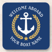 ウェルカムアボードボートネームいかり金ゴールドローレルネイビー コースター (正面)