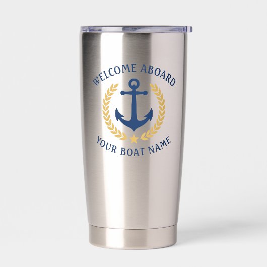 ウェルカムアボードボートネームいかり金ゴールドローレルネイビー 保温保冷タンブラー (左面)