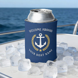ウェルカムアボードボートネームいかり金ゴールドローレルネイビー 缶クーラー