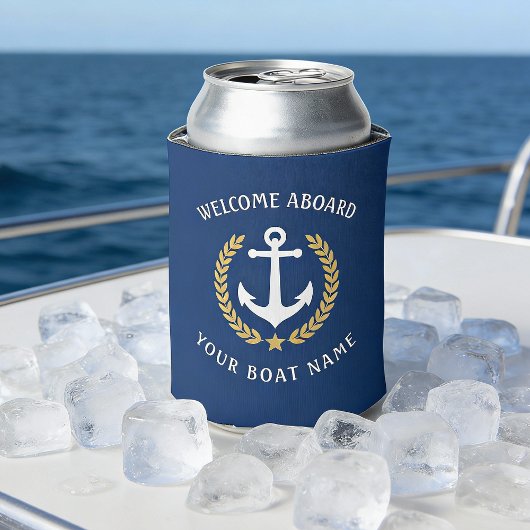 ウェルカムアボードボートネームいかり金ゴールドローレルネイビー 缶クーラー