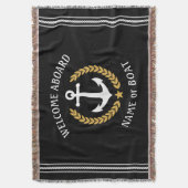 ウェルカムアボードボートネームいかり金ゴールドローレルブラック スローブランケット (正面縦)