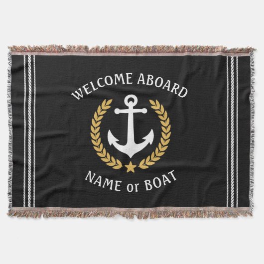 ウェルカムアボードボートネームいかり金ゴールドローレルブラック スローブランケット (正面)