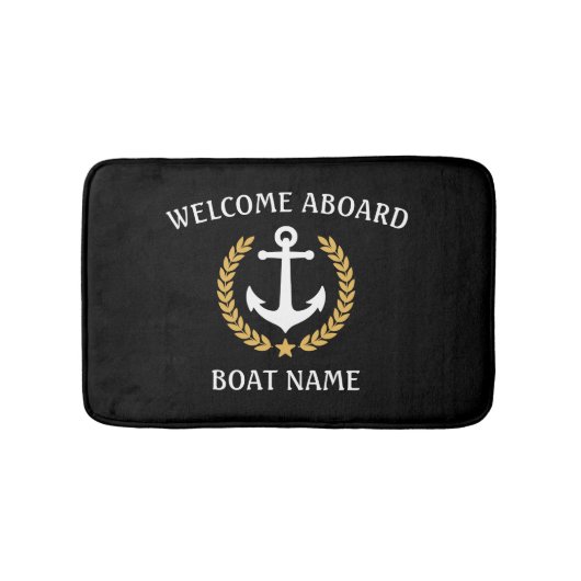 ウェルカムアボードボートネームいかり金ゴールドローレルブラック バスマット (正面)