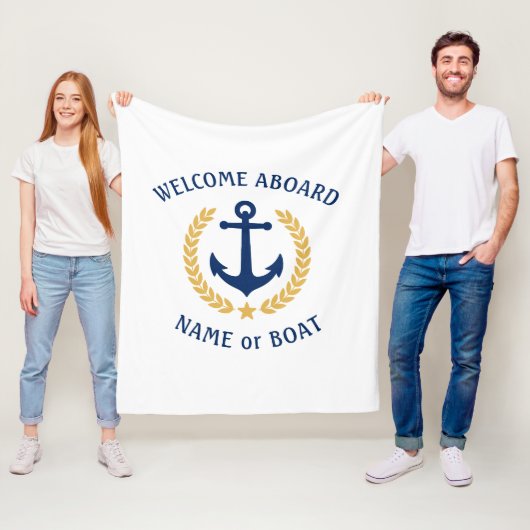 ウェルカムアボードボートネームいかり金ゴールドローレルホワイト フリースブランケット (インサイチュ)