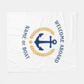 ウェルカムアボードボートネームいかり金ゴールドローレルホワイト フリースブランケット (正面(横))