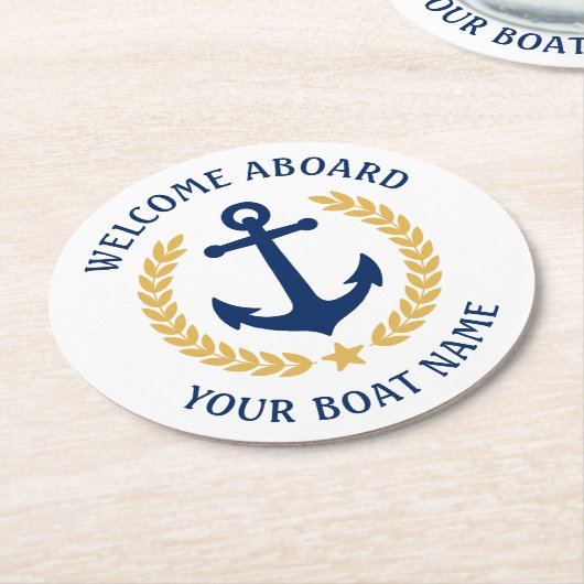 ウェルカムアボードボートネームいかり金ゴールドローレルホワイト ラウンドペーパーコースター (アングル)
