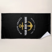 ウェルカムアボードボートブラック&金ゴールド航海のいかり ビーチタオル (正面)