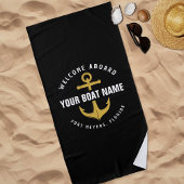 ウェルカムアボードボートブラック&金ゴールド航海のいかり ビーチタオル