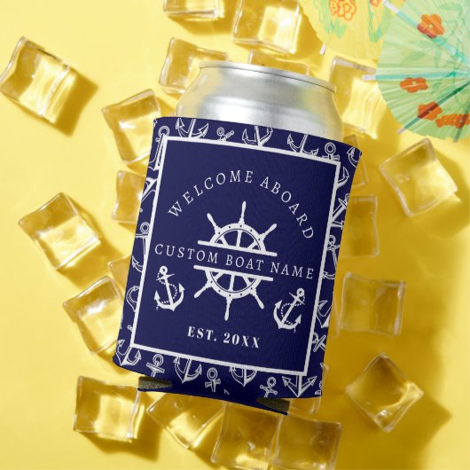 ウェルカムアボード航海のネイビーブルーボートいかり 缶クーラー (インサイチュ 夏)