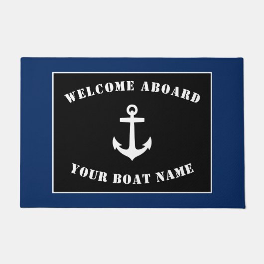 ウェルカムアボード船の名前クラシックいかりネイビー ドアマット (正面)