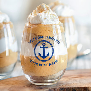 ウェルカムアボード船の名前航海のいかりネイビーブルー ステムなしワイングラス