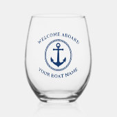 ウェルカムアボード船の名前航海のいかりネイビーブルー ステムなしワイングラス (正面)