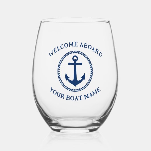 ウェルカムアボード船の名前航海のいかりネイビーブルー ステムなしワイングラス (正面)