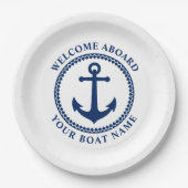 ウェルカムアボード船名海いかりブルーホワイトパップ ペーパープレート (正面)