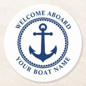 ウェルカムアボード船名海いかりブルーホワイトロウ ラウンドペーパーコースター (正面)