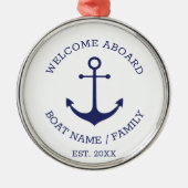 ウェルカムアボード青と白カスタムの航海のいかり メタルオーナメント (正面)