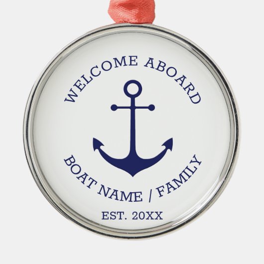 ウェルカムアボード青と白カスタムの航海のいかり メタルオーナメント (正面)