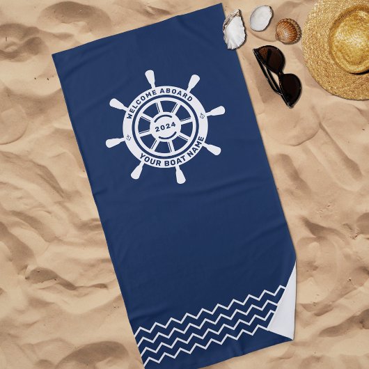 ウェルカムアボードNavy Blueカスタムボート名 ビーチタオル