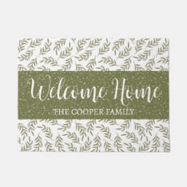 ウェルカムウィンターサイプレス&降雪模様グリーン ドアマット