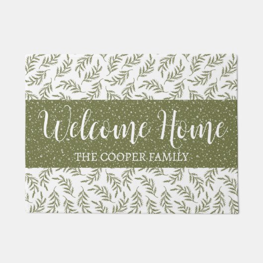 ウェルカムウィンターサイプレス&降雪模様グリーン ドアマット (正面)