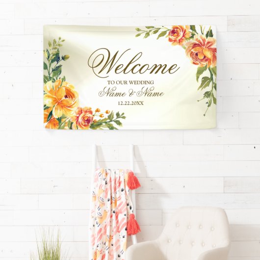 ウェルカムウェディングパーティオレンジイエローレッドフローラ 横断幕 (インサイチュ)