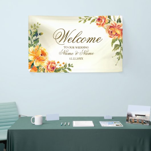 ウェルカムウェディングパーティオレンジイエローレッドフローラ 横断幕 (トレードショー)