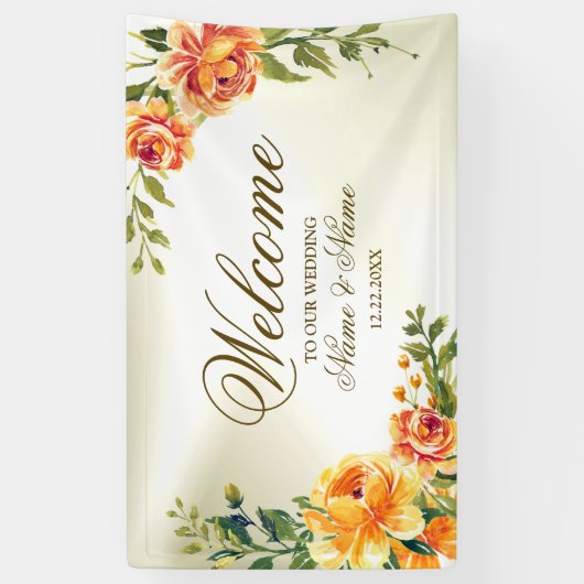 ウェルカムウェディングパーティオレンジイエローレッドフローラ 横断幕 (縦)