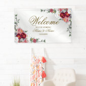 ウェルカムウェディングパーティカラフルレッドフローラシルバー 横断幕 (インサイチュ)