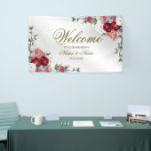 ウェルカムウェディングパーティカラフルレッドフローラシルバー 横断幕 (トレードショー)
