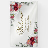 ウェルカムウェディングパーティカラフルレッドフローラシルバー 横断幕 (縦)