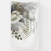 ウェルカムウェディングパーティシルバーゴールデンホワイトローズ 横断幕 (縦)