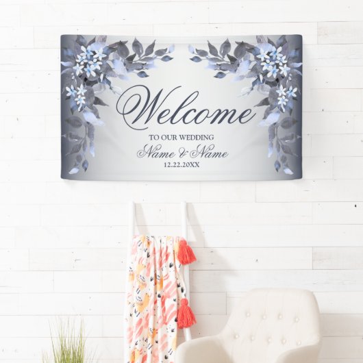 ウェルカムウェディングパーティネイビーブルーデコールフローラ 横断幕 (インサイチュ)