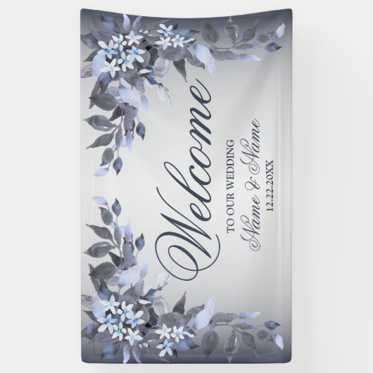 ウェルカムウェディングパーティネイビーブルーデコールフローラ 横断幕 (縦)