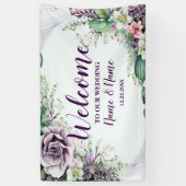 ウェルカムウェディングパーティパープルフローラグリーン葉 横断幕 (縦)