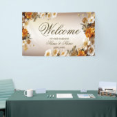 ウェルカムウェディングパーティーゴールデンオレンジ白い花 横断幕 (トレードショー)