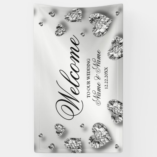 ウェルカムウェディングパーティーシルバーハートグレイエレガント 横断幕 (縦)