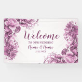 ウェルカムウェディングパーティーピンクエレガントの花モダン 横断幕 (横)