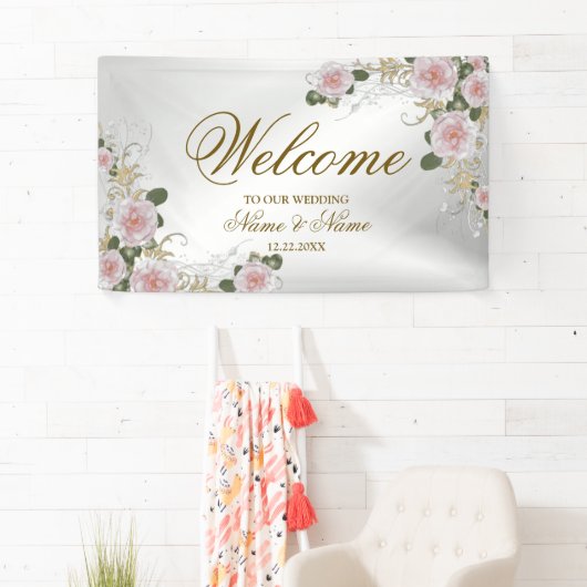 ウェルカムウェディングパーティーピンクフローラシルバーエレガント 横断幕 (インサイチュ)
