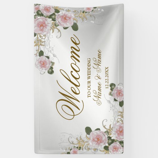 ウェルカムウェディングパーティーピンクフローラシルバーエレガント 横断幕 (縦)