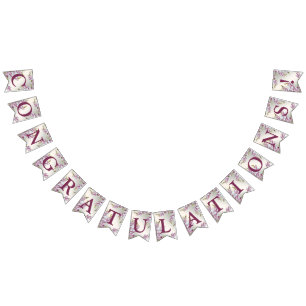 ウェルカムウェディングパーティーピンク白い花エレガント バンティングフラッグ